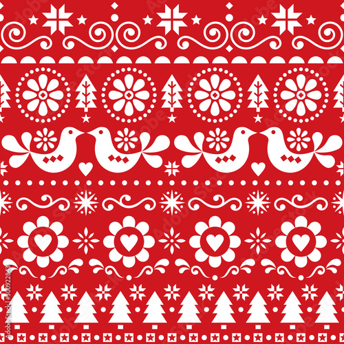 Christmas folk art vector seamless pattern, Scandinavian festive design with birds, snowflakes, flowers, Xmas trees in white on red background