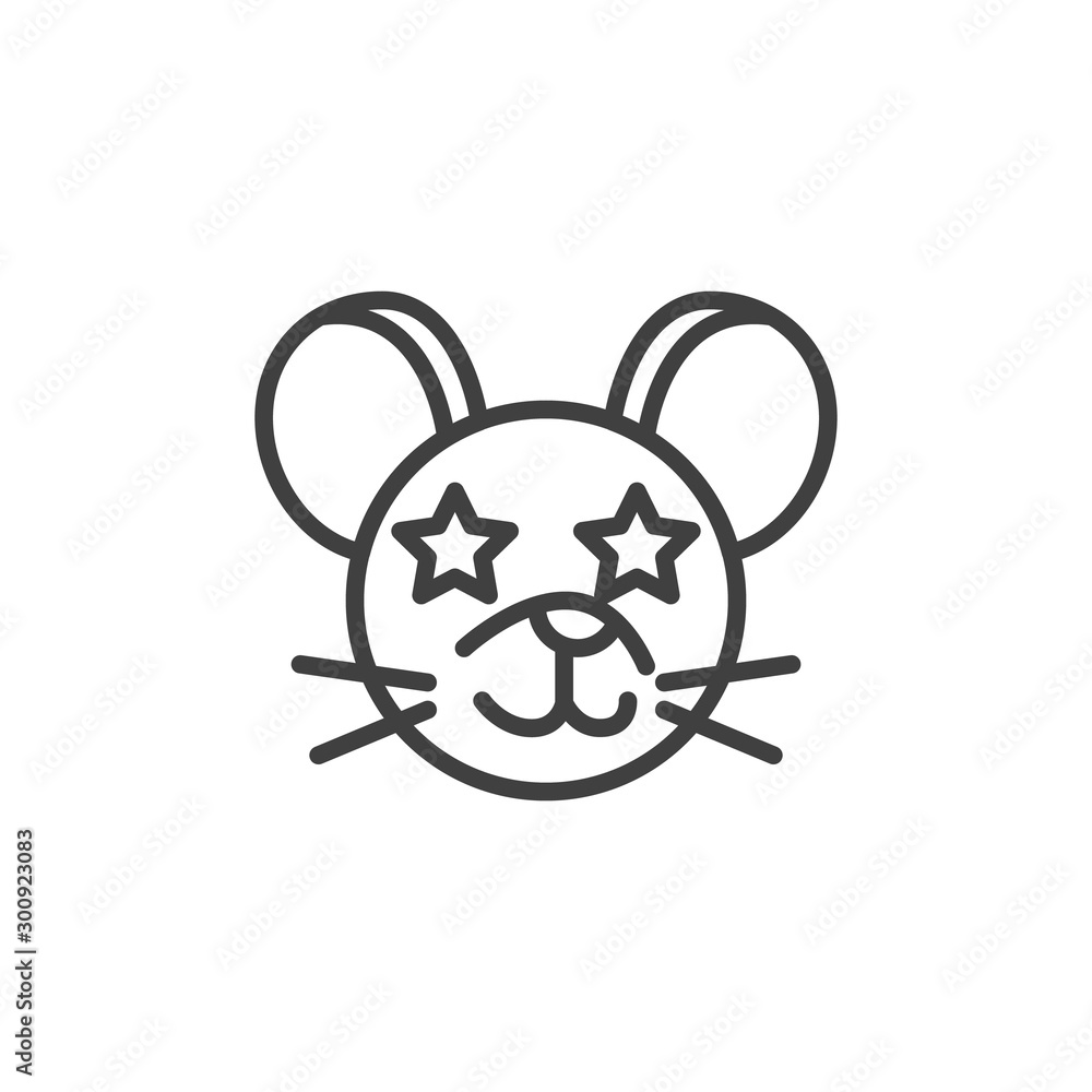 Obraz premium Star eyes rat emoticon line icon. linear style sign for mobile concept and web design. Excited mouse face emoji outline vector icon. Chinese 2020 year of the rat symbol, logo illustration.