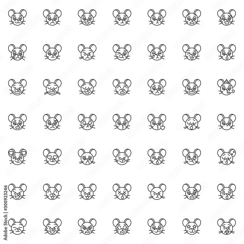Rat face emoticon line icons set. Chinese 2020 rat year linear style symbols collection, outline signs pack. vector graphics. Set includes icons as smiling emoji, crying sad emotion, love expression Rat face emoticon line icons set. Chinese 2020 rat year linear style symbols collection, outline signs pack. vector graphics. Set includes icons as smiling emoji, crying sad emotion, love expression