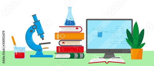 Computer, books, plant and science equipment for research laboratory. Education, chemistry and biology concept. Vector illustration.