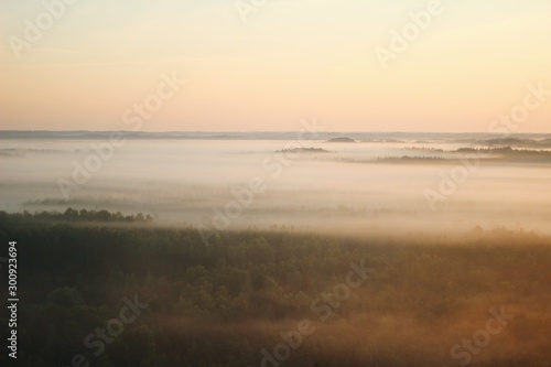 Morning fog layers over nature reserve landscape in Latvia © Laima