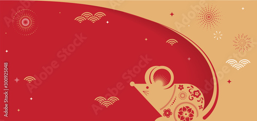 Happy Chinese new year design. 2020 Rat zodiac. Cute mouse cartoon. Japanese, Korean, Vietnamese lunar new year. Vector illustration and banner concept