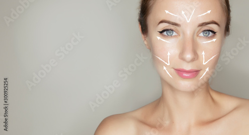 woman face with square zoom photo of old wrinkled skin. Template for design banner with copy space