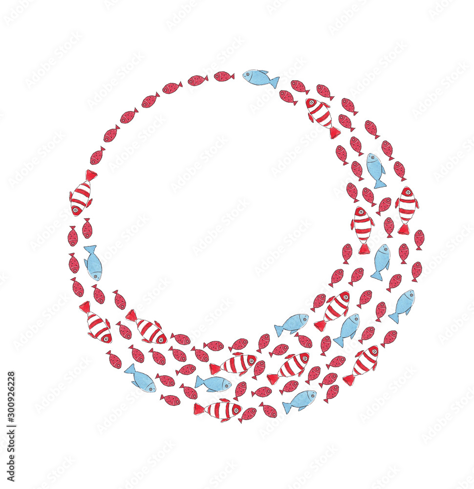 Round frame of watercolor red and blue fish on a white background.