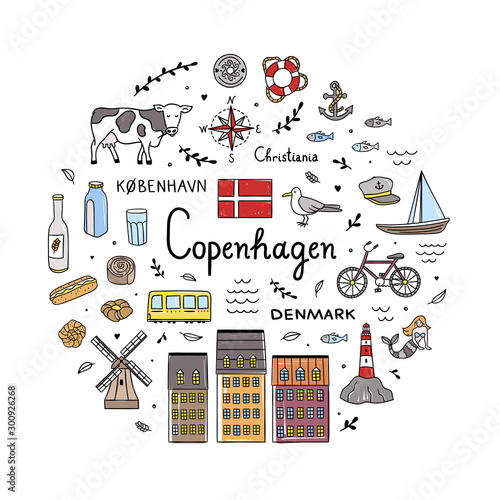 Copenhagen hand drawn illustrations. Vector round concept with Denmark symbols. Travel elements and icons on white background