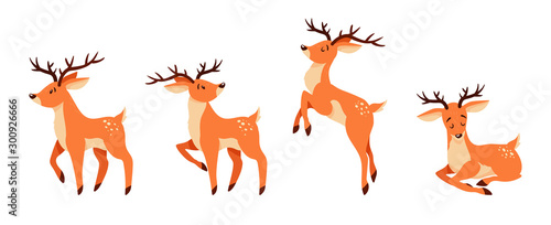 Cute cartoon deer with horns. Standing  jumping and lying deer.