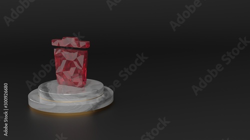 3D rendering of red gemstone symbol of trash icon