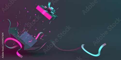 Black friday sale event, design creative concept, opened gift box with ribbon and confetti on blue pink neon gradient background, copy space text, flat lay. 3D rendering illustration.