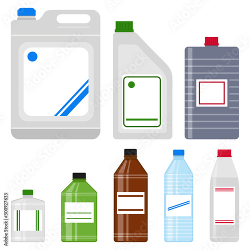 Household, construction chemicals, set of plastic bottles, solvent, white spirit, acetone, paint thinner, isolated on white background, vector illustration