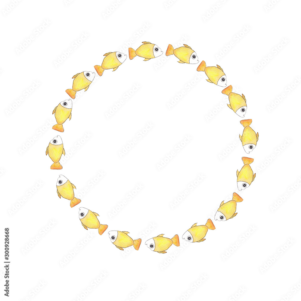Obraz premium Round frame of watercolor yellow fish on a white background