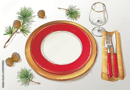 Vector Christmas table decorating setting. Festive cutlery set: fork, knife, empty plate on tablecloth with spruce branch. Menu. Top view. Color isolated illustration on red background.