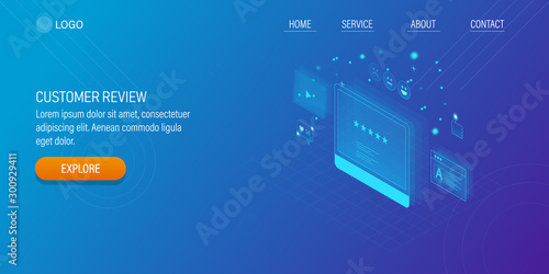Isometric  abstract style customer rating, feedback banner.