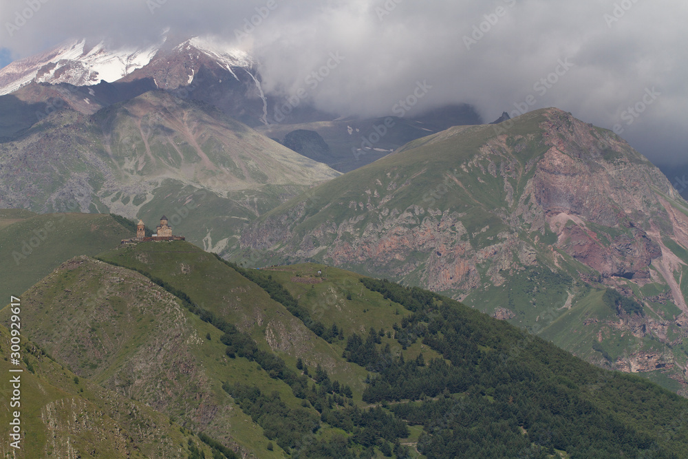 View of Gerget church over Kazbegi (Stepantsminda), Georgia View of Gerget church over Kazbegi (Stepantsminda), Georgia