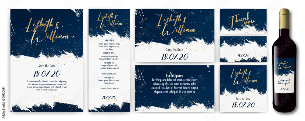 wedding-invite-backgrouns-blue-gold - obrazy, fototapety, plakaty 