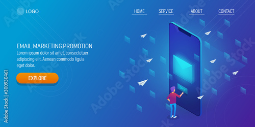 Man interacting with email newsletter on smartphone, 3d isometric concept of digital marketing technology, web banner.