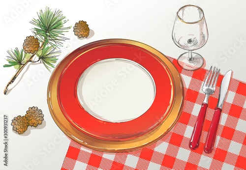 Vector Christmas table decorating setting. Festive cutlery set: fork, knife, empty plate on tablecloth with spruce branch. Menu. Top view. Color isolated illustration on red background.