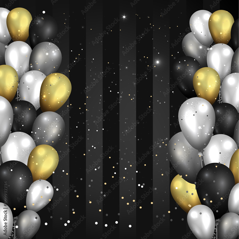 Golden black and silver balloons shiny black background, cute concept for  elegant birthday card or sale Stock Vector | Adobe Stock