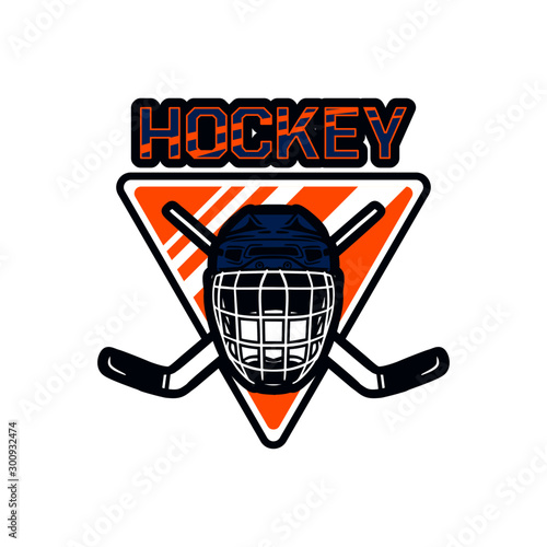 Hockey logo badge team template with helmet and stick