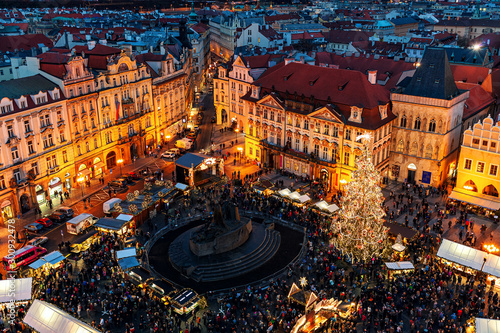 View from above on Christmas market in Prague. photo