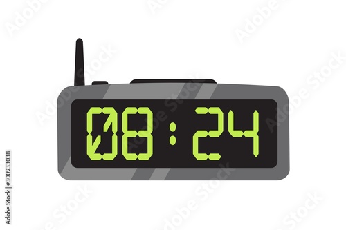 Electronic alarm clock flat vector illustration. Contemporary digital timepiece. Radio clock with antenna color design element. Modern battery time counter isolated on white background.