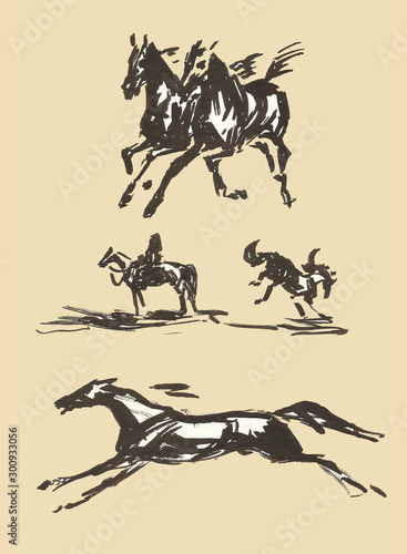 Abstract colored silhouettes of galloping horses on a white background