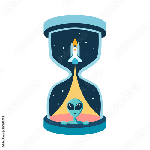 The time of intergalactic friendship with aliens. Huge hourglass or sandglass with rocket shuttle and extraterrestrial martian face. Abstract startup concept with new ideas and space exploration