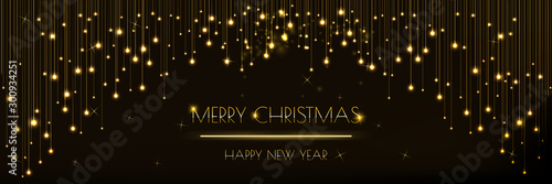 Christmas banner design with glittering golden lights curtain