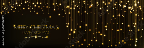 Christmas banner design with glowing golden lights curtain