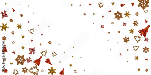 New Years Background. Christmas decoration isolated on white. Xmas celebration pattern. Flat lay design. Copy Space.