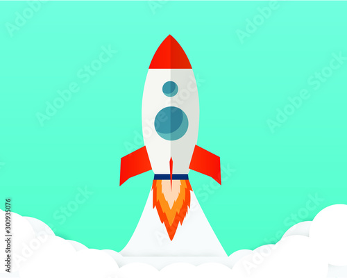 Rocket launch ship flat design on cyan background color.