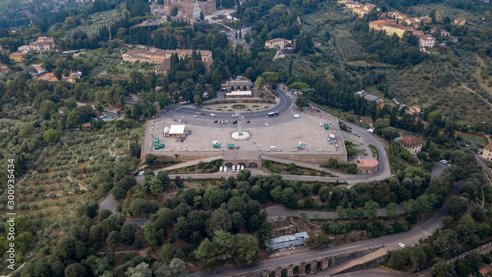 Overhead view of city square Piazza Michelangelo in Florence with morning sunlight
