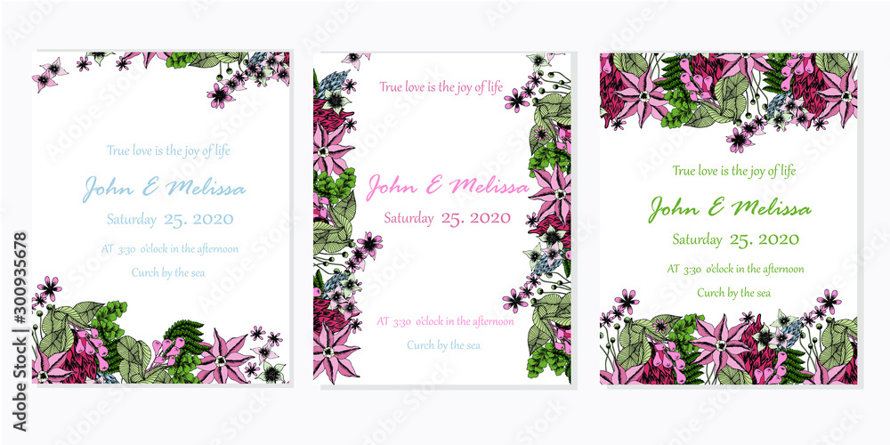 Floral wedding invitation set, pink flower, green mosses, vector card template on white background hand drawn beautiful stock vector illustration for web, for print