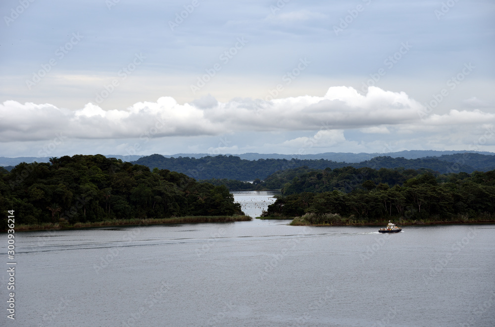 Landscape of the Panama Canal (islands on the Gatun Lake) view from the transiting cargo ship.