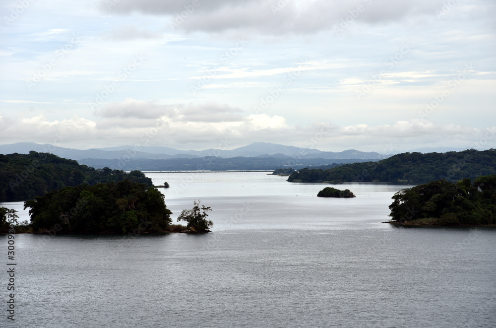 Landscape of the Panama Canal (islands on the Gatun Lake) view from the transiting cargo ship.