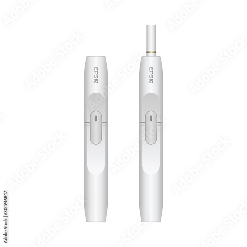 Electronic iqos cigarette. Illustration of white electronic cigarette. Vector realistic mock up photo