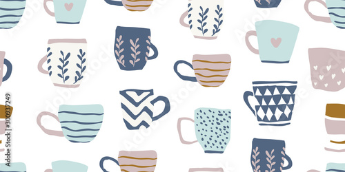 Seamless pattern with cups of coffee, scandinavian