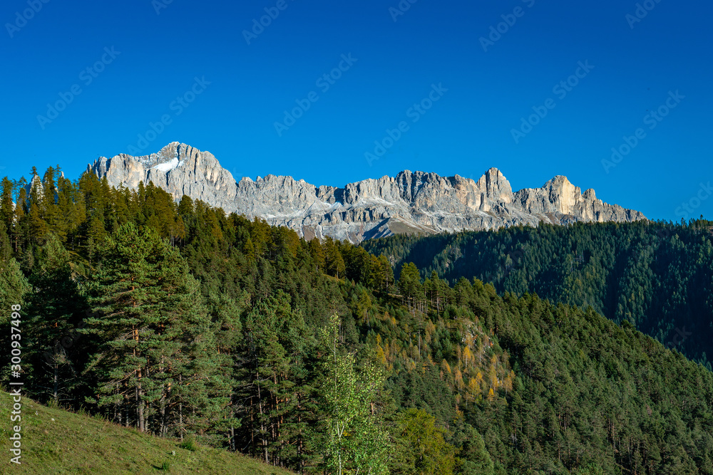 Fototapeta premium Panoramic view of the Rosengarten alpine mountain group near Tiers in South Tyrol