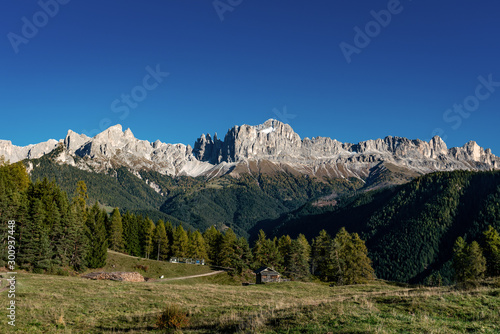 Panoramic view of the Rosengarten alpine mountain group near Tiers in South Tyrol