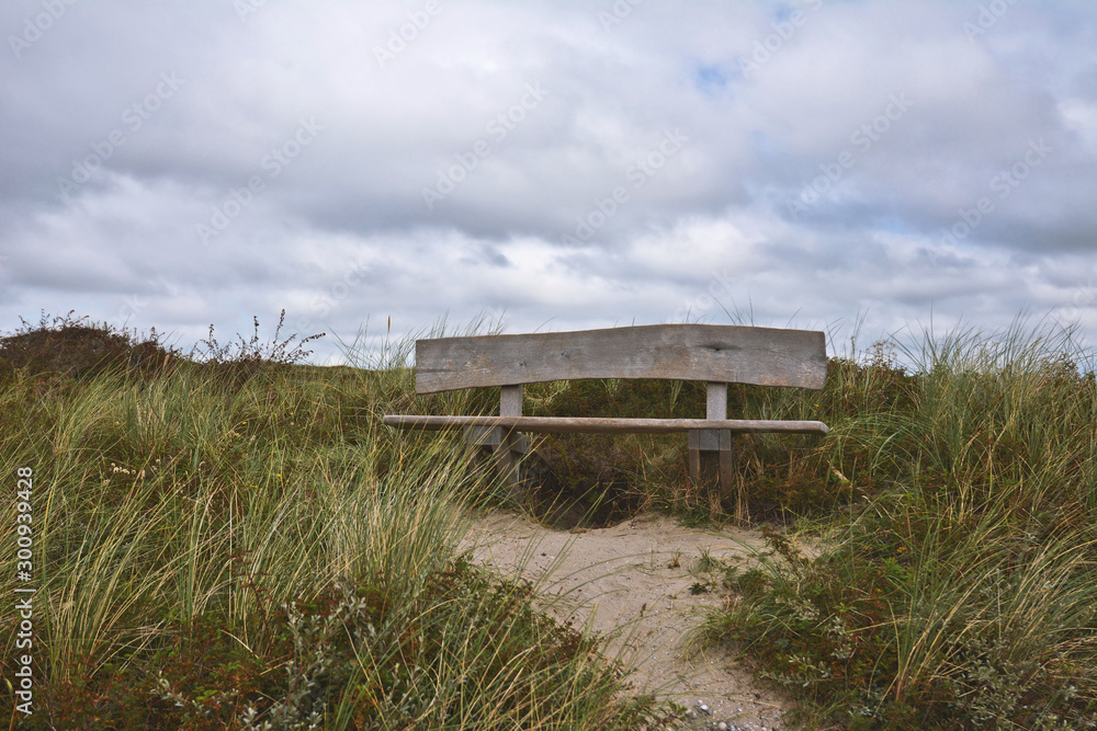 Rustic empty wooden bench standing in the middle of nature sanctuary with sand dunes and wild grass in front of cloudy grey sky