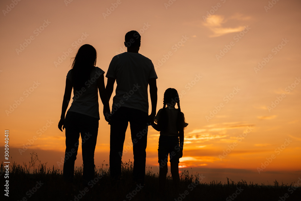 Unrecognizable family enjoying sunset in field