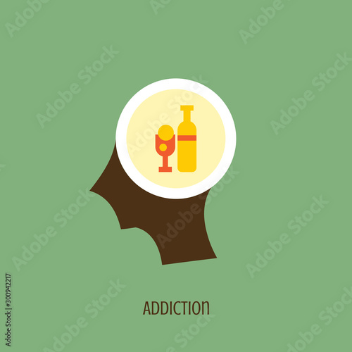 Drink addiction icon concept with alcohol bottle and glass in the drawing of human brain isolated on green background, vector and illustration.