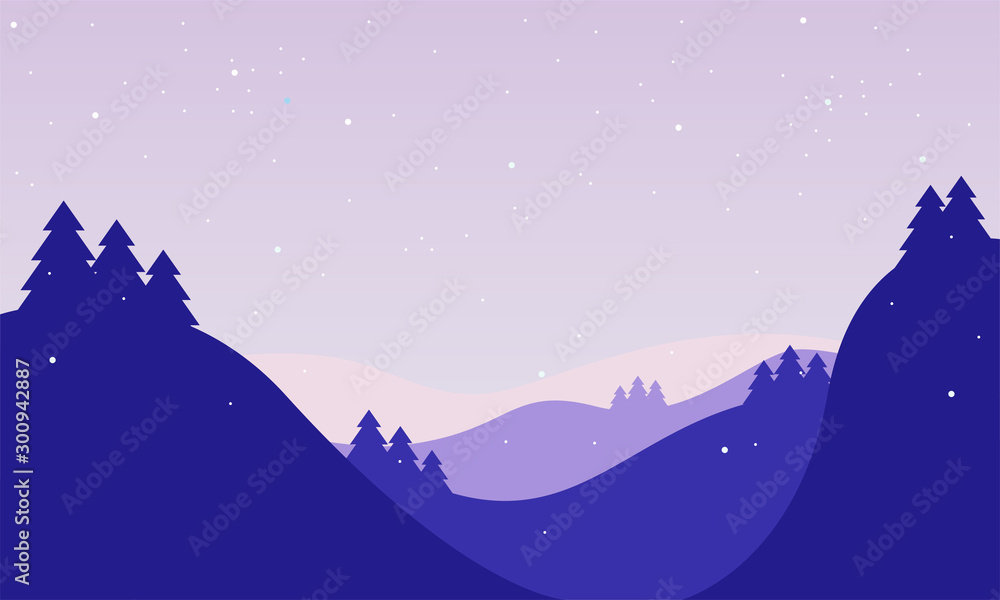 Winter Landscape Background in Cartoon Style with Purple and Violet Color Combination. Designed for web, greeting, wallpaper, etc. Suitable for your business.