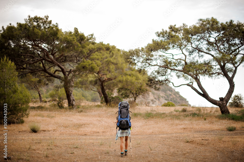 Girl with backpack walking on the dry field to the trees and mountains in the far Girl with backpack walking on the dry field to the trees and mountains in the far