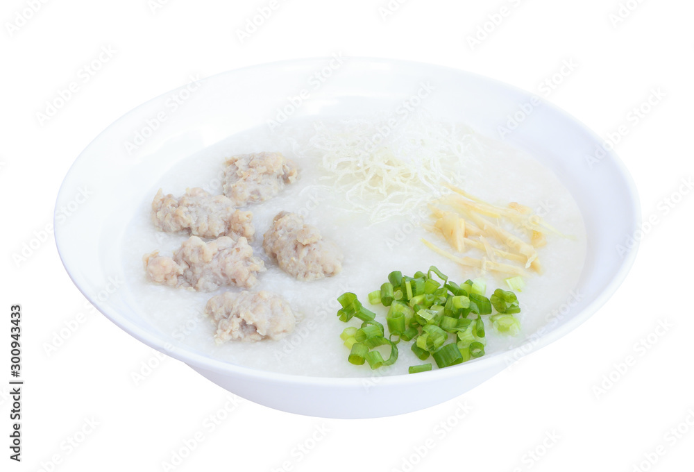 Bowl of chinese pork rice porridge with onion ginger rice noodle. Bowl of chinese pork rice porridge with onion ginger rice noodle.
