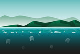Plastic bottles and bags in the sea. Pollution of the World ocean by plastic waste. Vector illustration	
