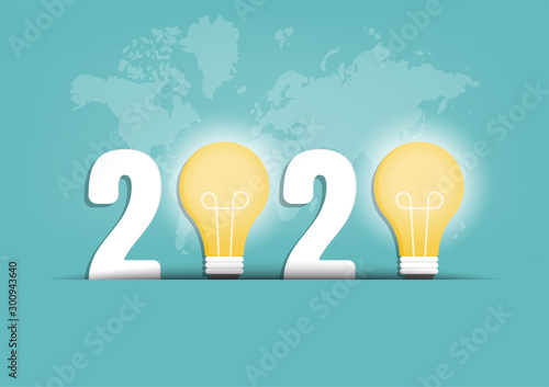 2020 creativity inspiration concepts with text number and light bulb on background