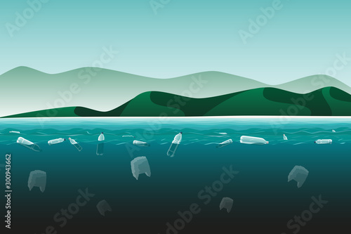 Plastic bottles and bags in the sea. Pollution of the World ocean by plastic waste. Vector illustration  © scharfsinn86