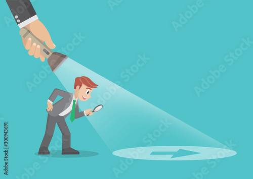 Cartoon character Poses, illustration of a businessman being guided by a hand holding a flashlight uncovering arrow sign. Business concept.