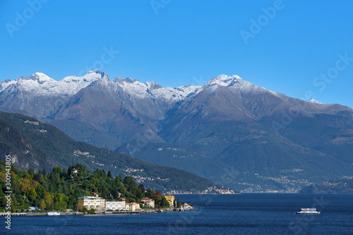 Alps in the snow Lake Como Italy. Clear blue sky