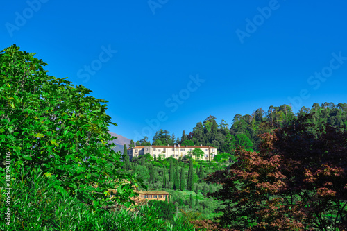 Panoramic view of Lake Como, the city of Bellagio. Aerial view. Autumn season. Perfect clear blue sky.